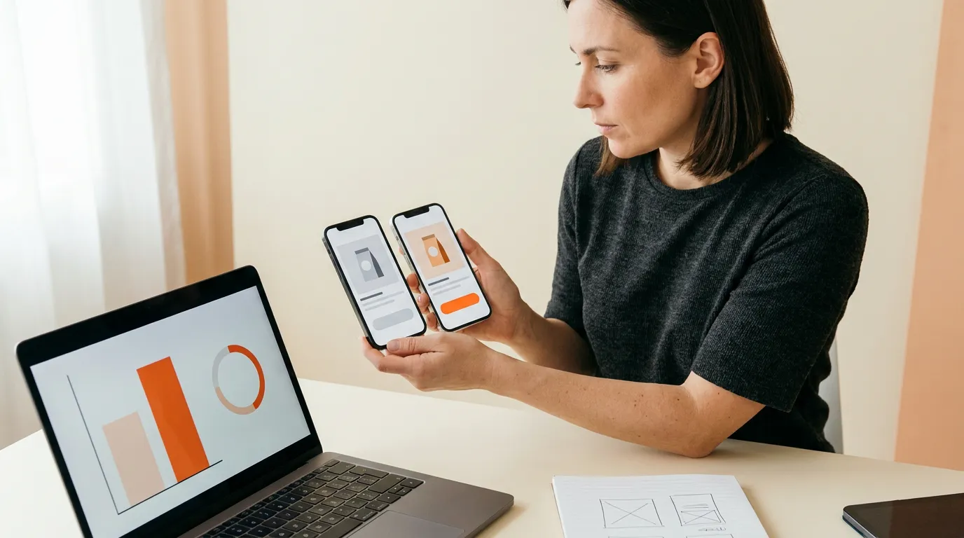 A woman holding two phones that show two versions of the same mobile ad, with a results chart open on the laptop beside her
