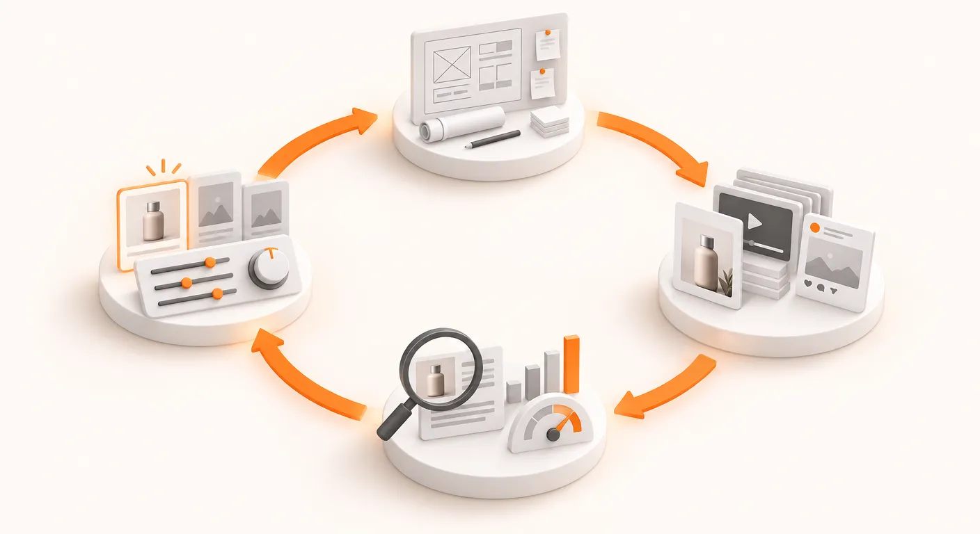 Four stages joined in a loop by orange arrows: a campaign brief, the finished ads, performance analysis, and adjusted settings that shape the next round