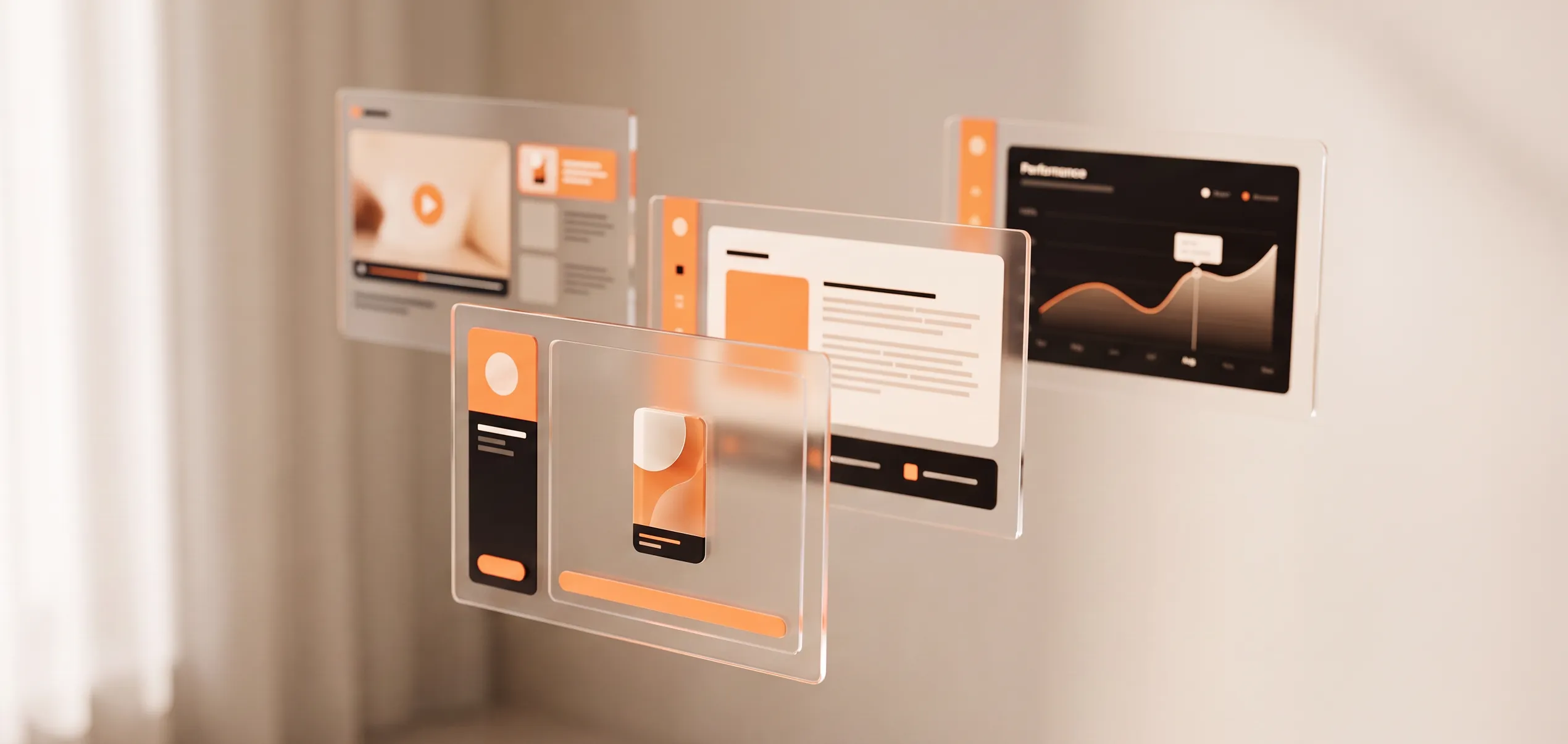 Four floating glass panels showing a video player, a product editor, a campaign brief and a performance chart, the four layers AI marketing tools compete in