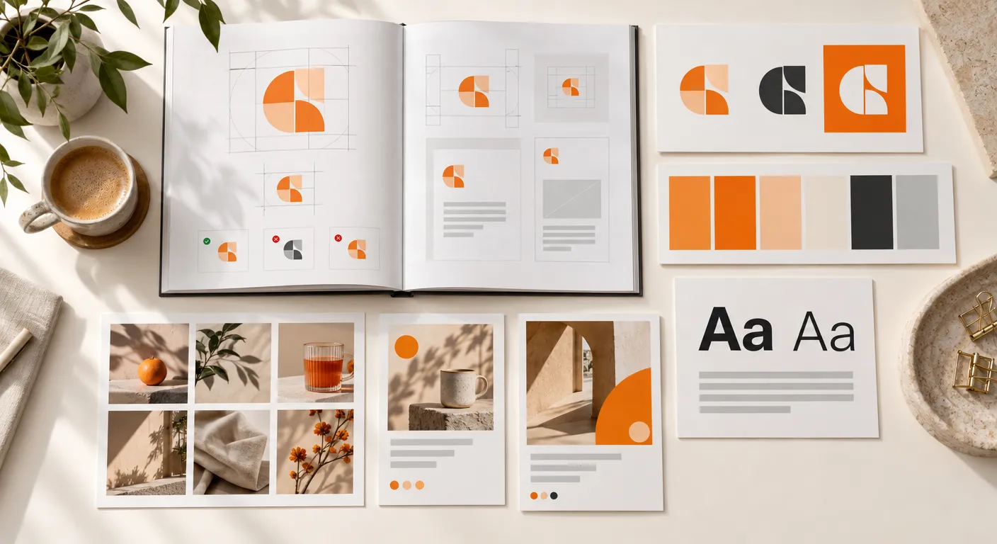A brand kit laid out on a desk: a guidelines book showing how the logo is built, logo variations, a colour palette, typography samples and an imagery mood board