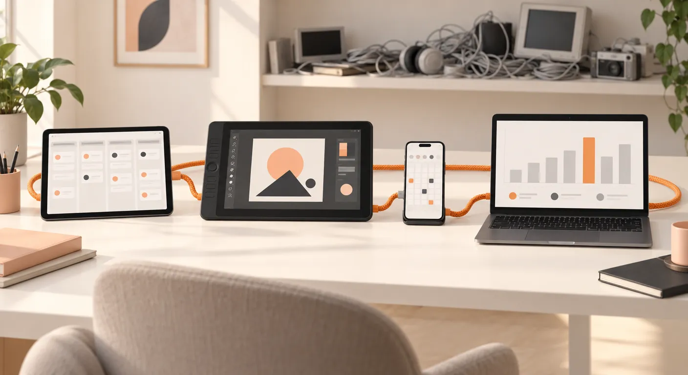 A planning board, a design tablet, a phone calendar and a laptop analytics chart joined by one orange cable, with a tangle of old disconnected devices on the shelf behind