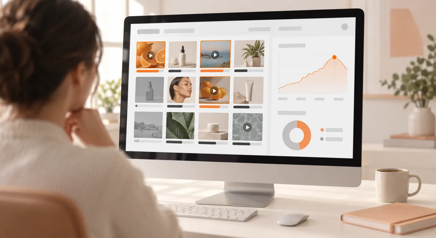 A marketer at a desktop screen showing a grid of ads, each with its own performance bar, next to a trend chart and a breakdown chart