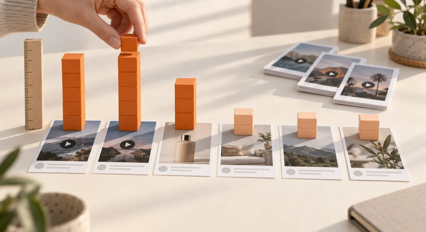 A row of ad cards with orange blocks stacked on each, the tallest stacks on the strongest ads and a hand adding one more block to the leader