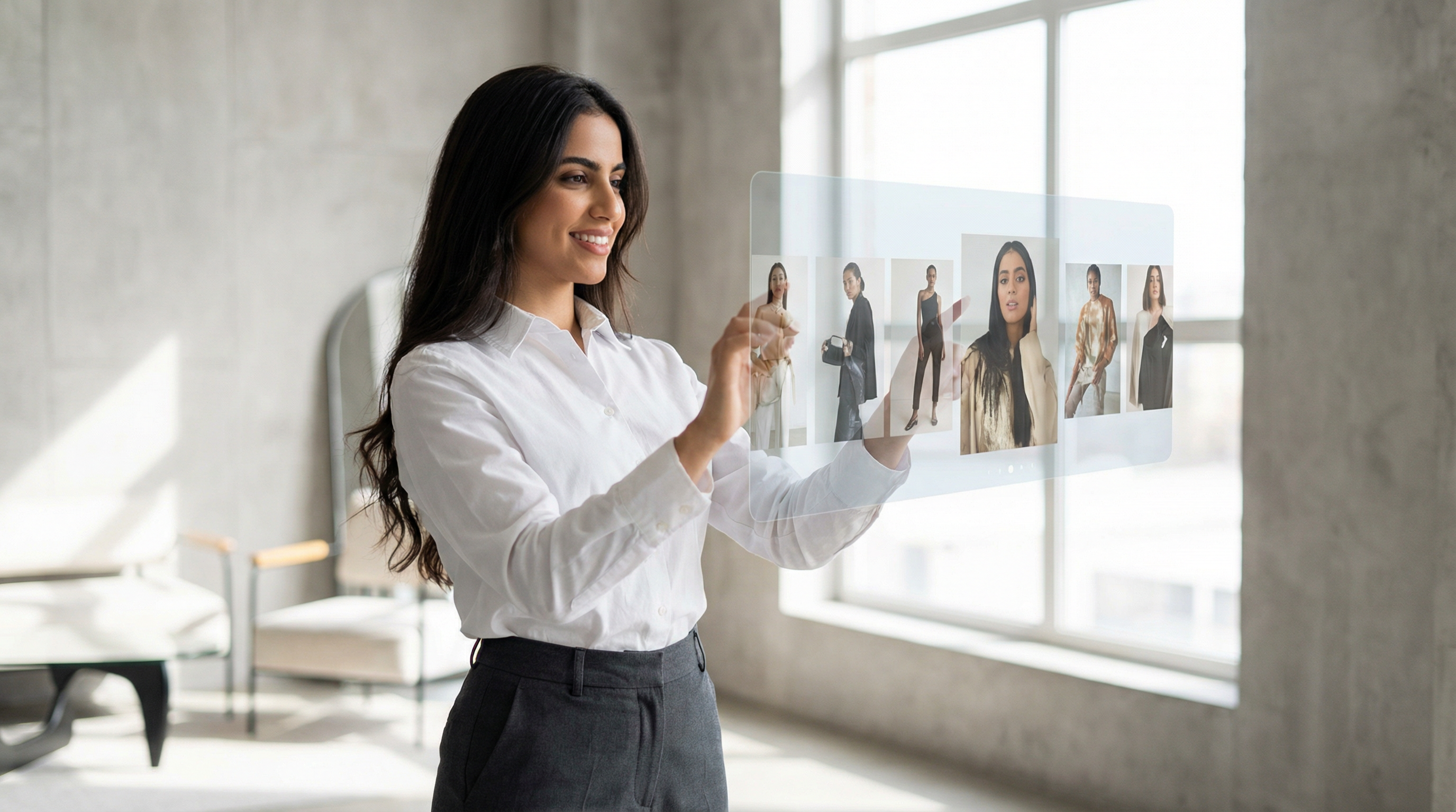 Woman reviewing AI-generated on-brand content on a holographic display