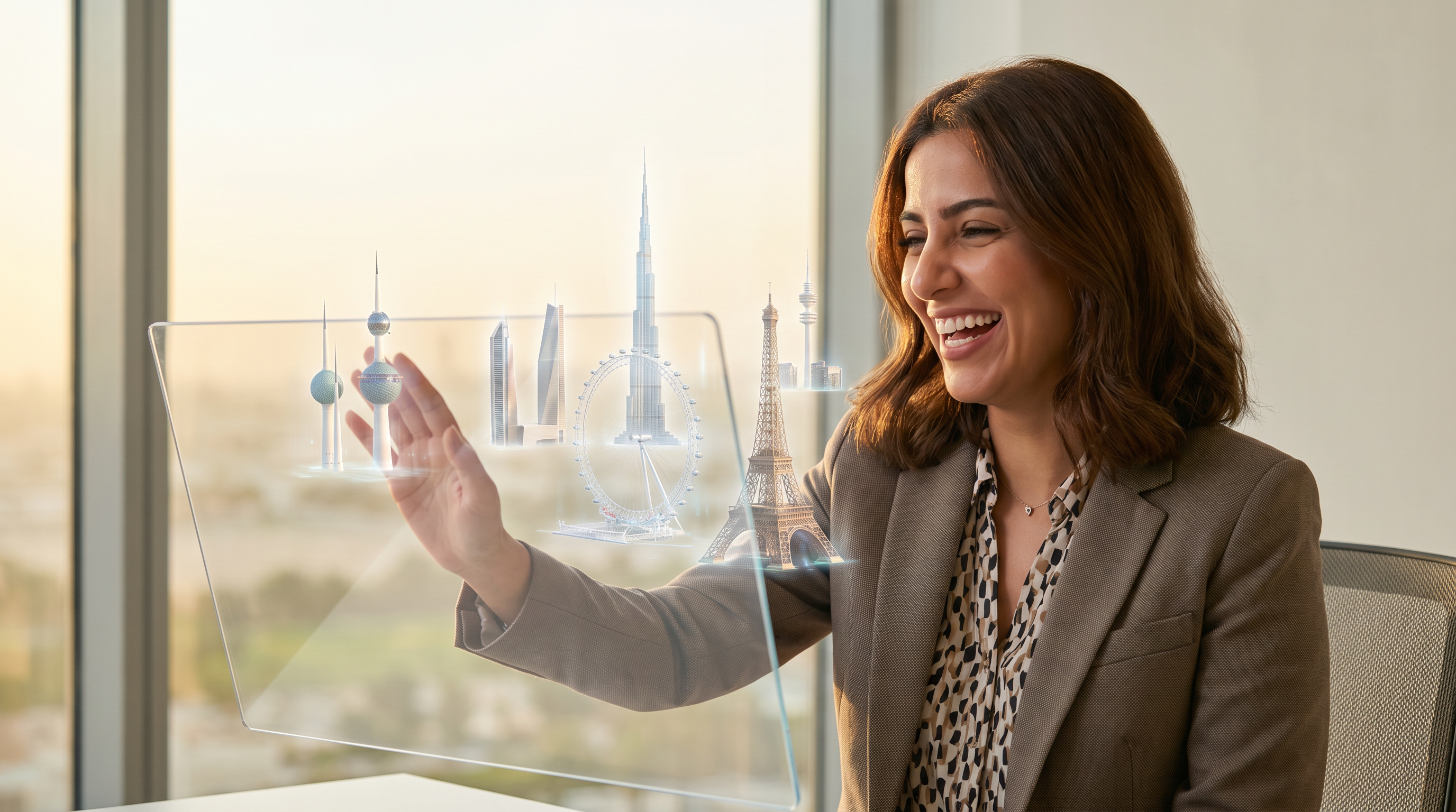 Business professional visualizing global market expansion with holographic landmarks
