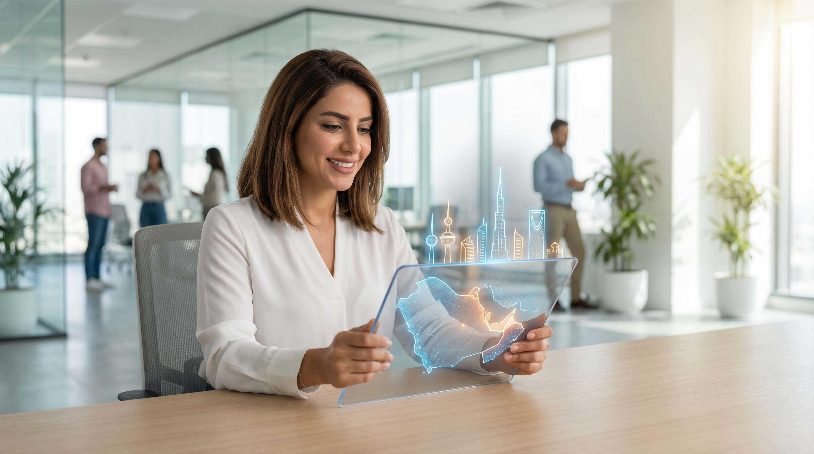 Marketing professional exploring brand expansion across MENA markets on a holographic map