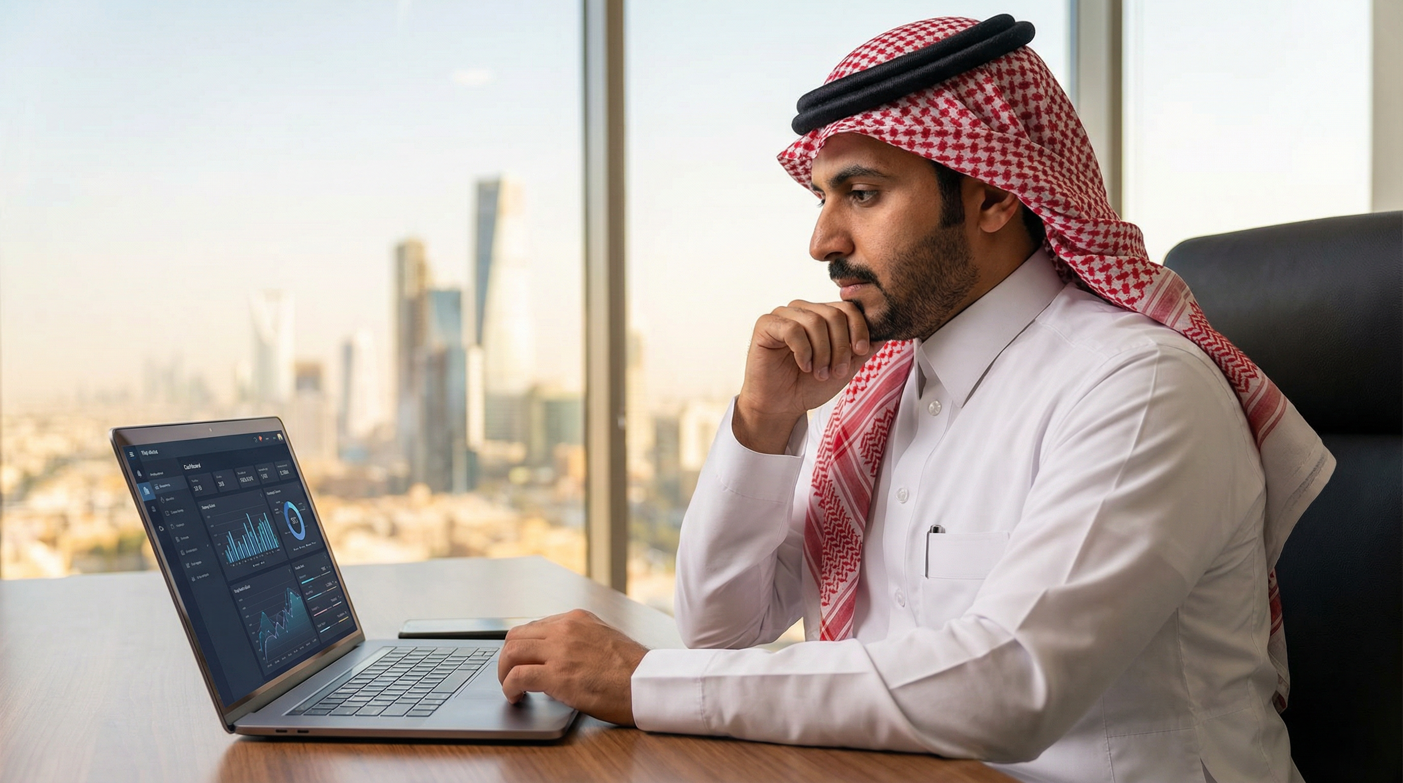 Professional analyzing marketing data in a GCC office with city skyline