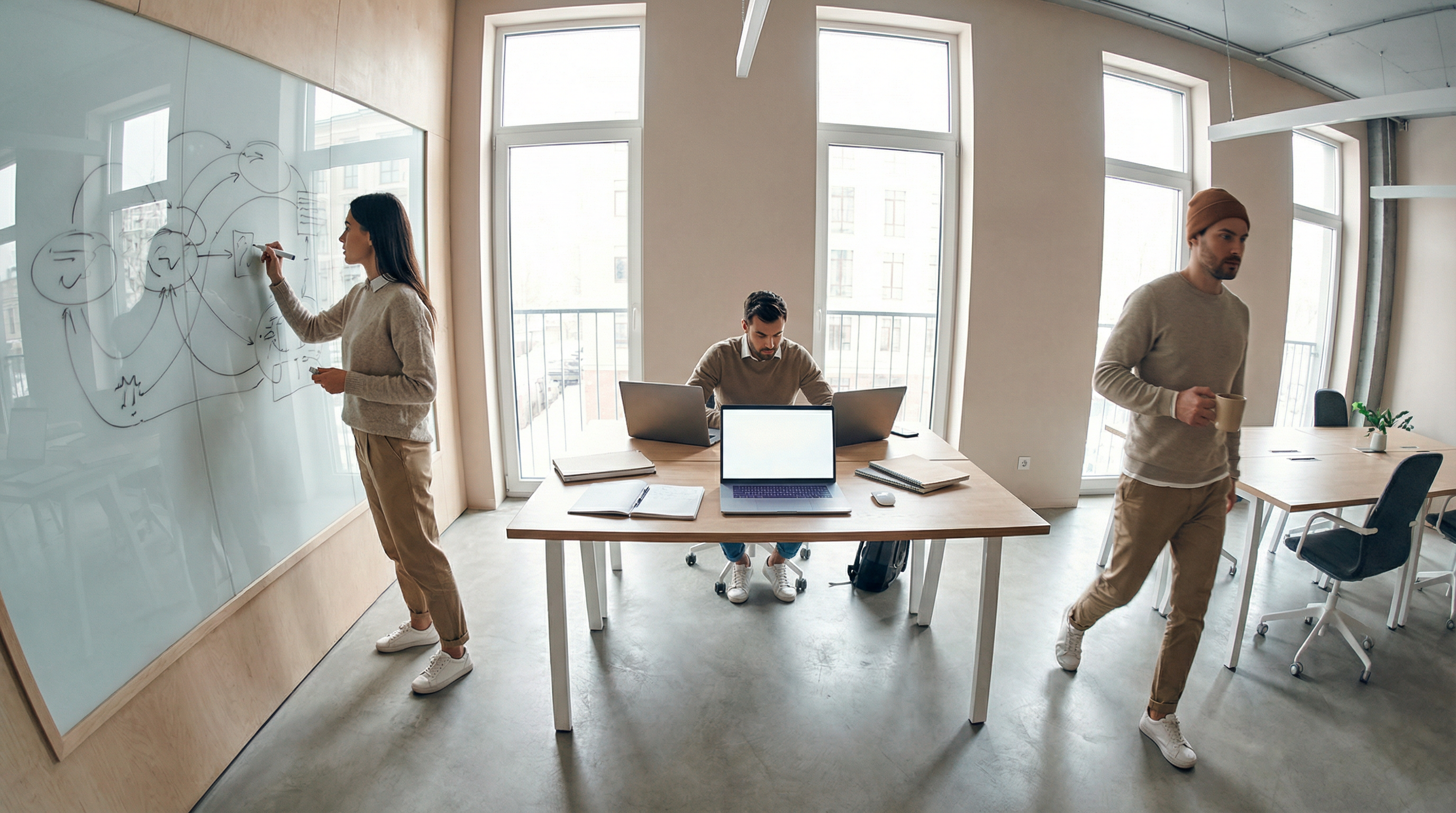 Marketing team collaborating at a whiteboard to plan campaign strategy
