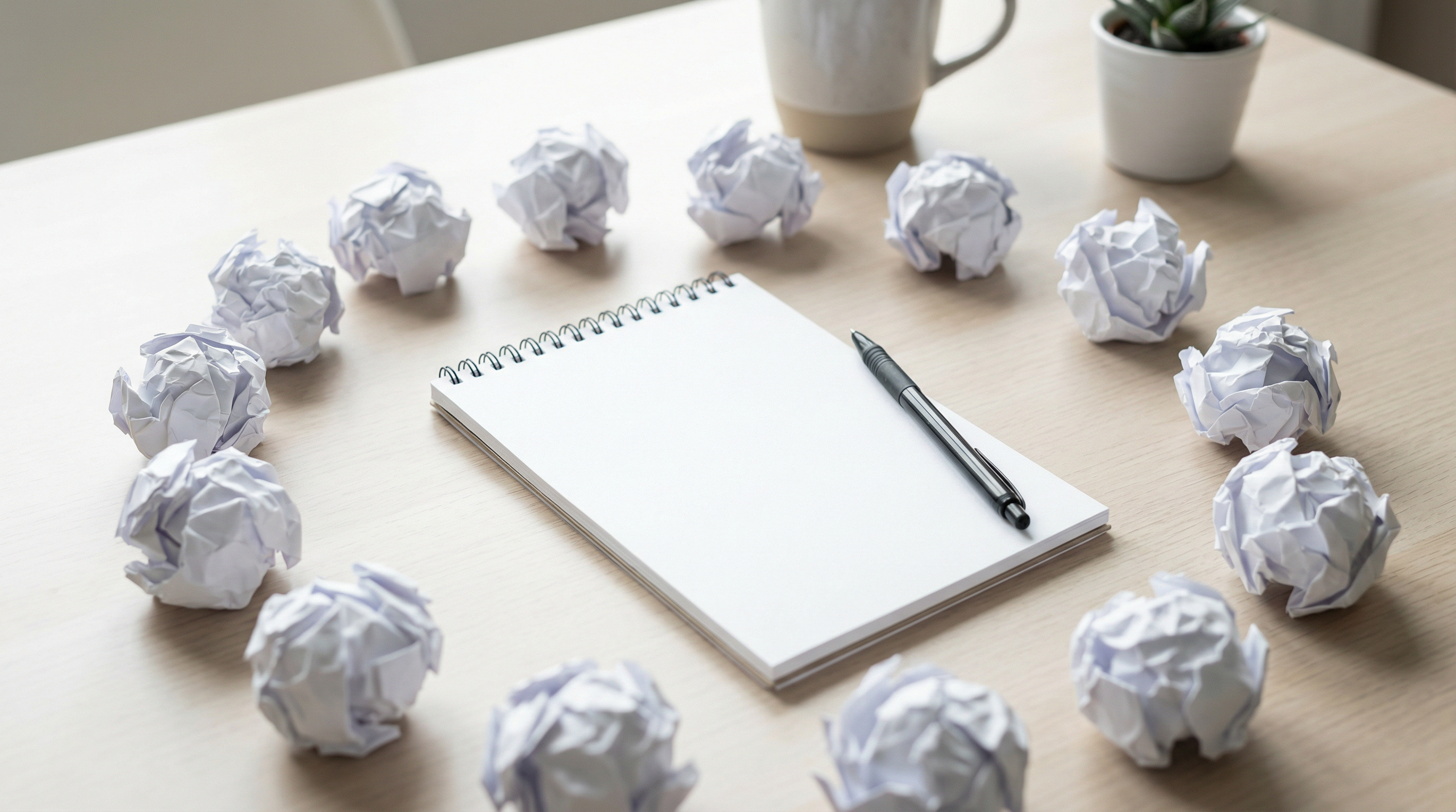 Crumpled paper balls surrounding a blank notebook, representing the cycle of restarting